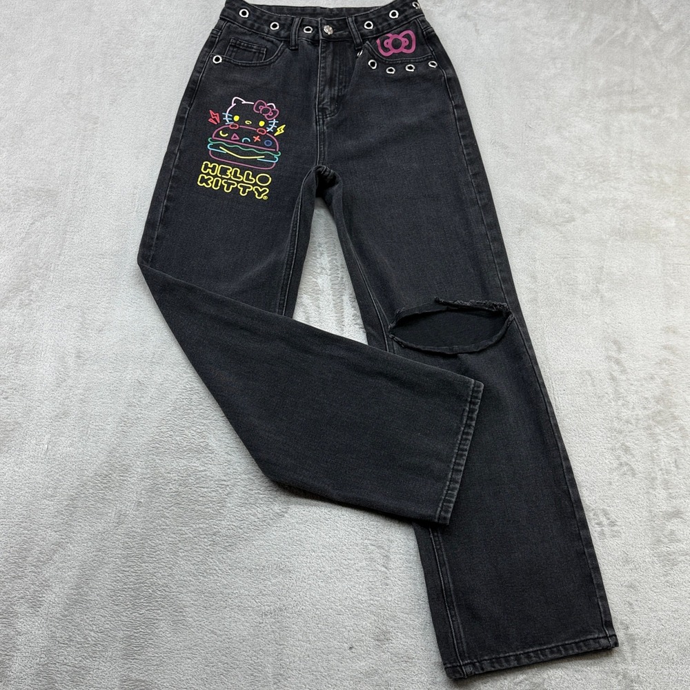 Hello Kitty Y2K Jeans Women XS Black Distressed Grommet Harajuku E-Girl Sanrio